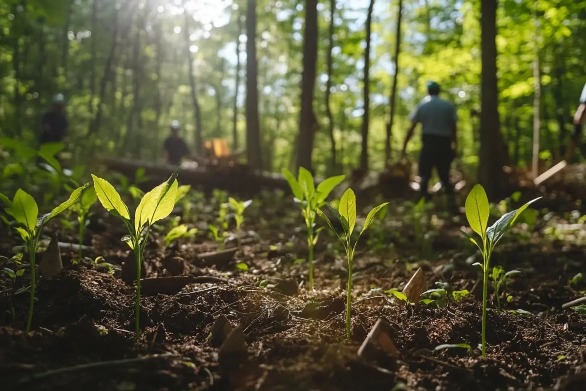 $200M Forest Investment Targets Carbon Credits and Timber Growth in the US_Dense American forest with young seedlings in the foreground and forestry workers logging in the distance_visual 1