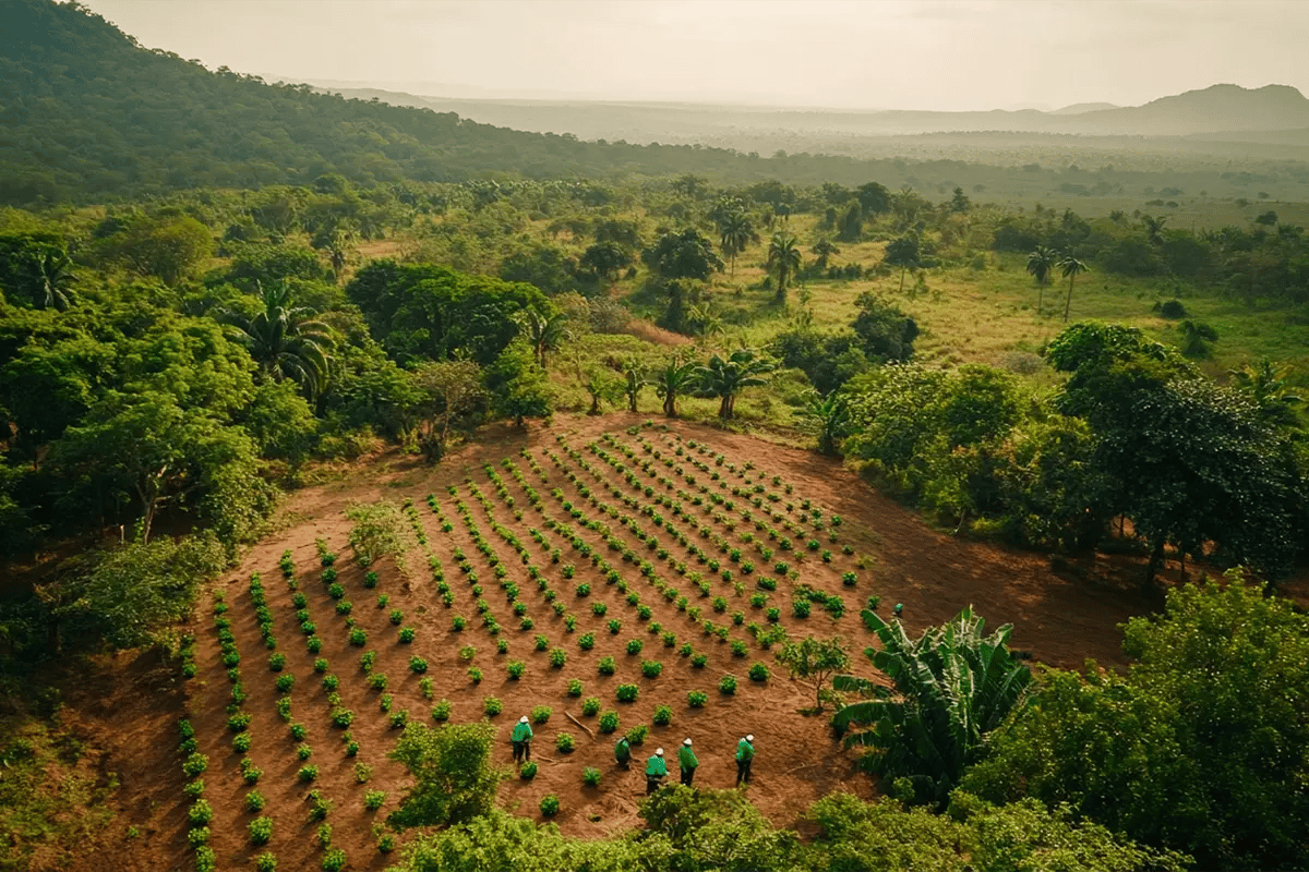 Africas Carbon Market A $1 5 Trillion Opportunity by 2050_ birds eye view reveals forest workers planting trees in Nigeria_visual 1