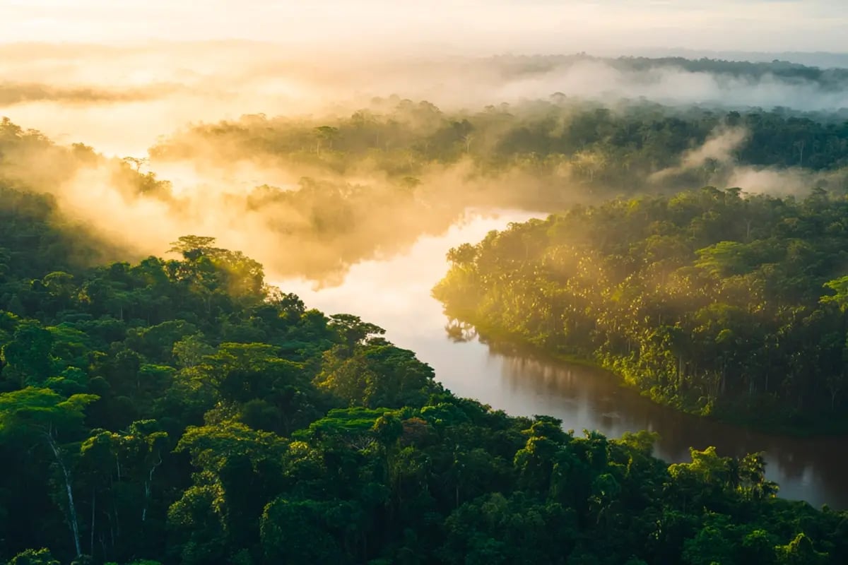 Apple Embraces Jurisdictional Carbon Credits in Major Offset Milestone_A landscape view of Guyana’s Amazon rainforest, with lush canopies, diverse flora, and a winding river_visual 1