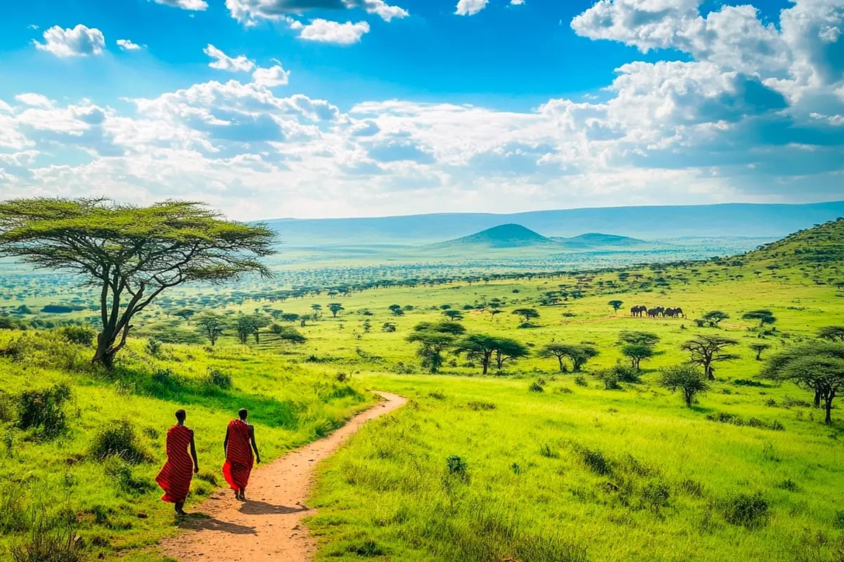 Apple Shatters Carbon Offset Record_Kenya’s Chyulu Hills with Maasai people walking along a path, with elephants roaming in the background_visual 1