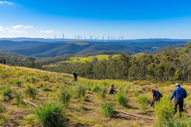 Australia’s Carbon Prices Rise to Highest Point Since January_Tree planting efforts on an Australian hill, with wind turbines in the background_visual 1