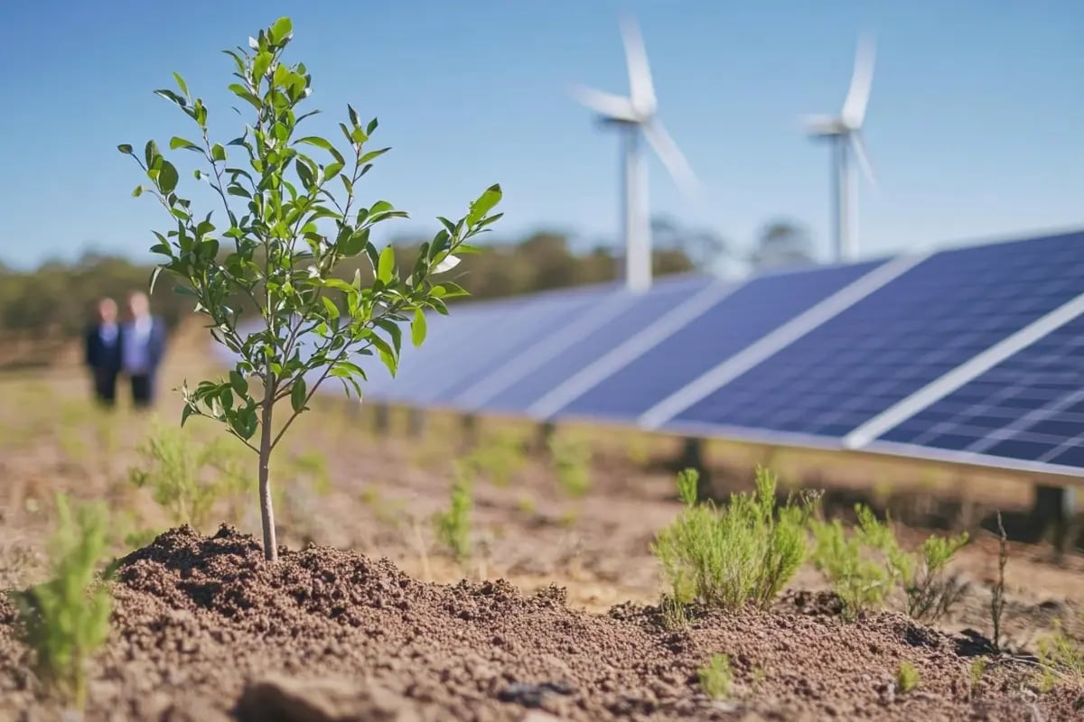 Australia’s New 2035 Strategy_ Billions for Carbon Removals and Renewables_Newly planted tree in the foreground, with solar panels, wind turbines_visual 1