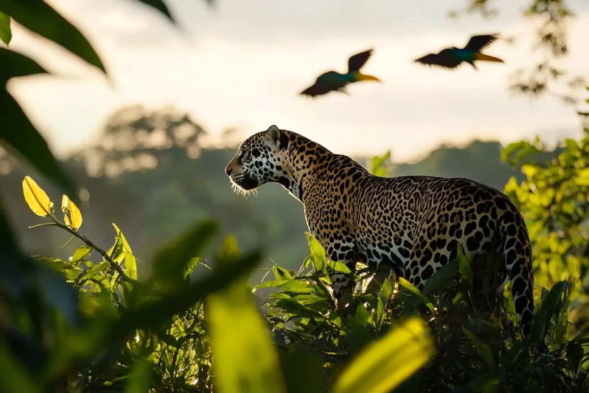 Brazil’s $3B Funding Push Spurs Bank Interest in Regenerative Agriculture_ A jaguar among the vegetation of the Amazon forest with toucans flying in the distance_visual 1
