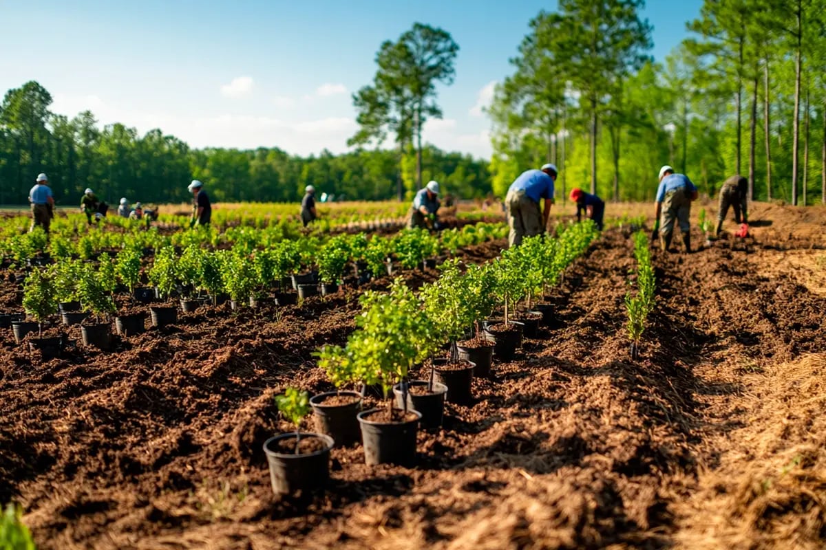 Breaking Down Carbon Pricing, What is Driving the Cost_A large-scale reforestation project, with workers planting saplings in a forest_visual 2