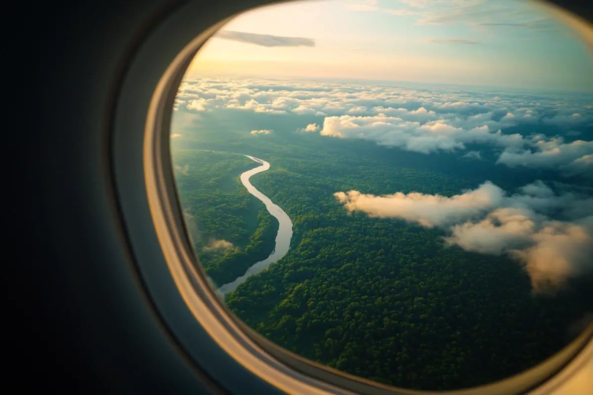 Carbon Market on the Rise_ Stronger Standards, Greater Impact_ Looking through an airplane window at a EU deciduous forest from above_visual 1