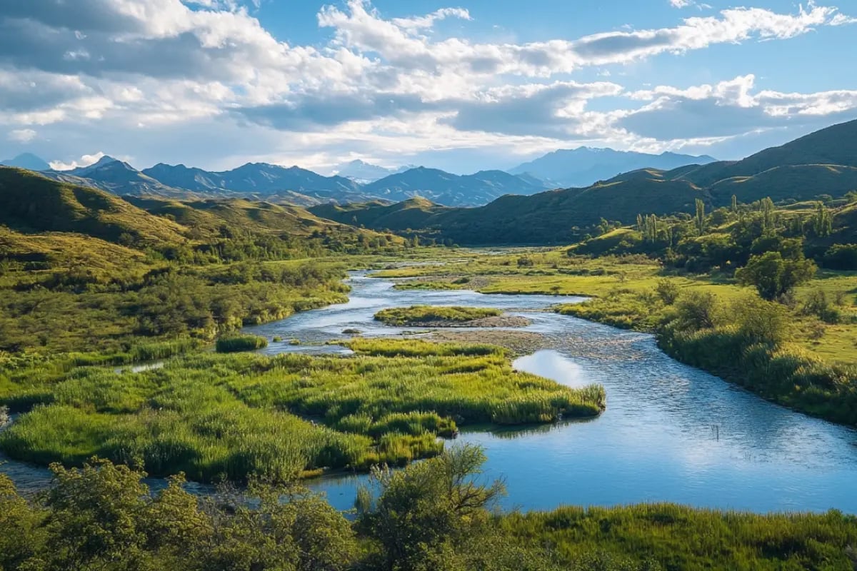 Chile Launches Pilot for First National Carbon Offset System_View of Biobío, Chile, with lush hills, flowing rivers, and native flora beneath a clear sky_visual 1