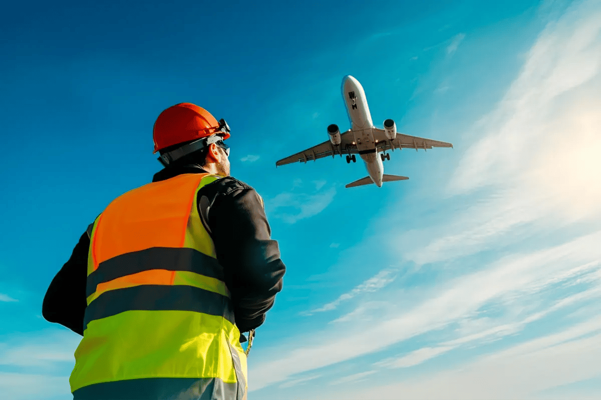 Compliance vs Voluntary Carbon Markets Whats the Difference_A ground level view of an airport worker observing a plane taking off_visual 2