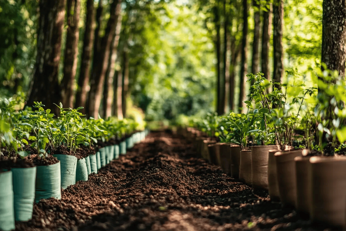 Compliance vs Voluntary Carbon Markets Whats the Difference_Two rows of different tree saplings ready for planting in the forest_visual 1