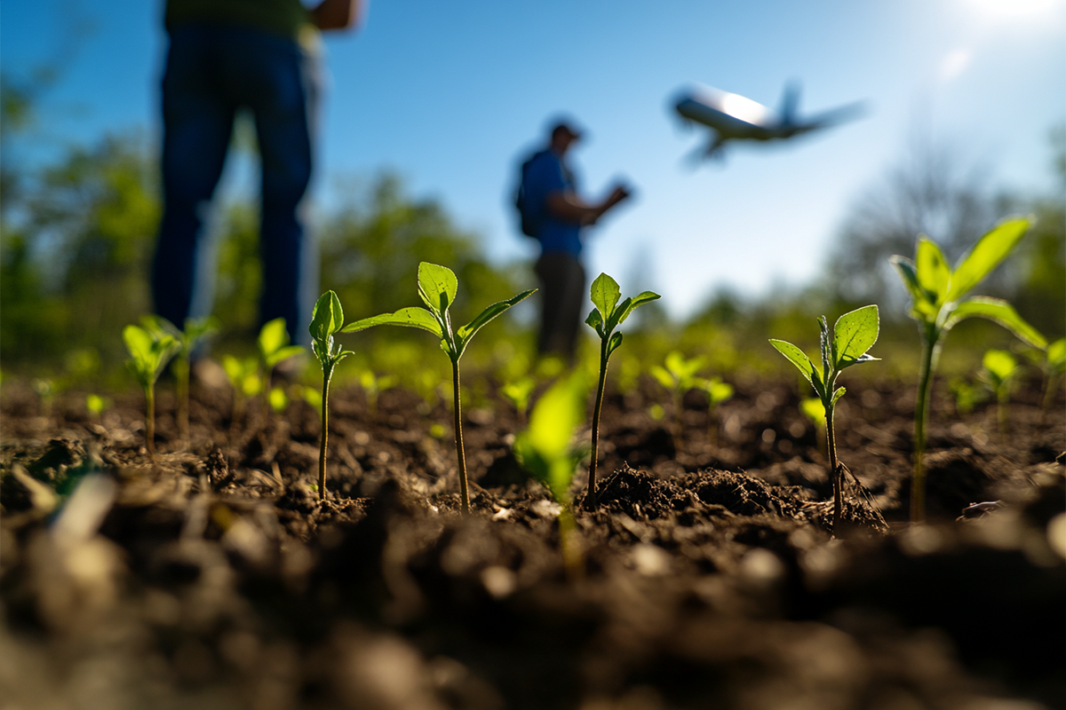 Corporate Demand Pushes Carbon Market to $16 3B in 2024_A view of numerous young tree seedlings, with workers inspecting them in the background and a plane soaring above_visual 1