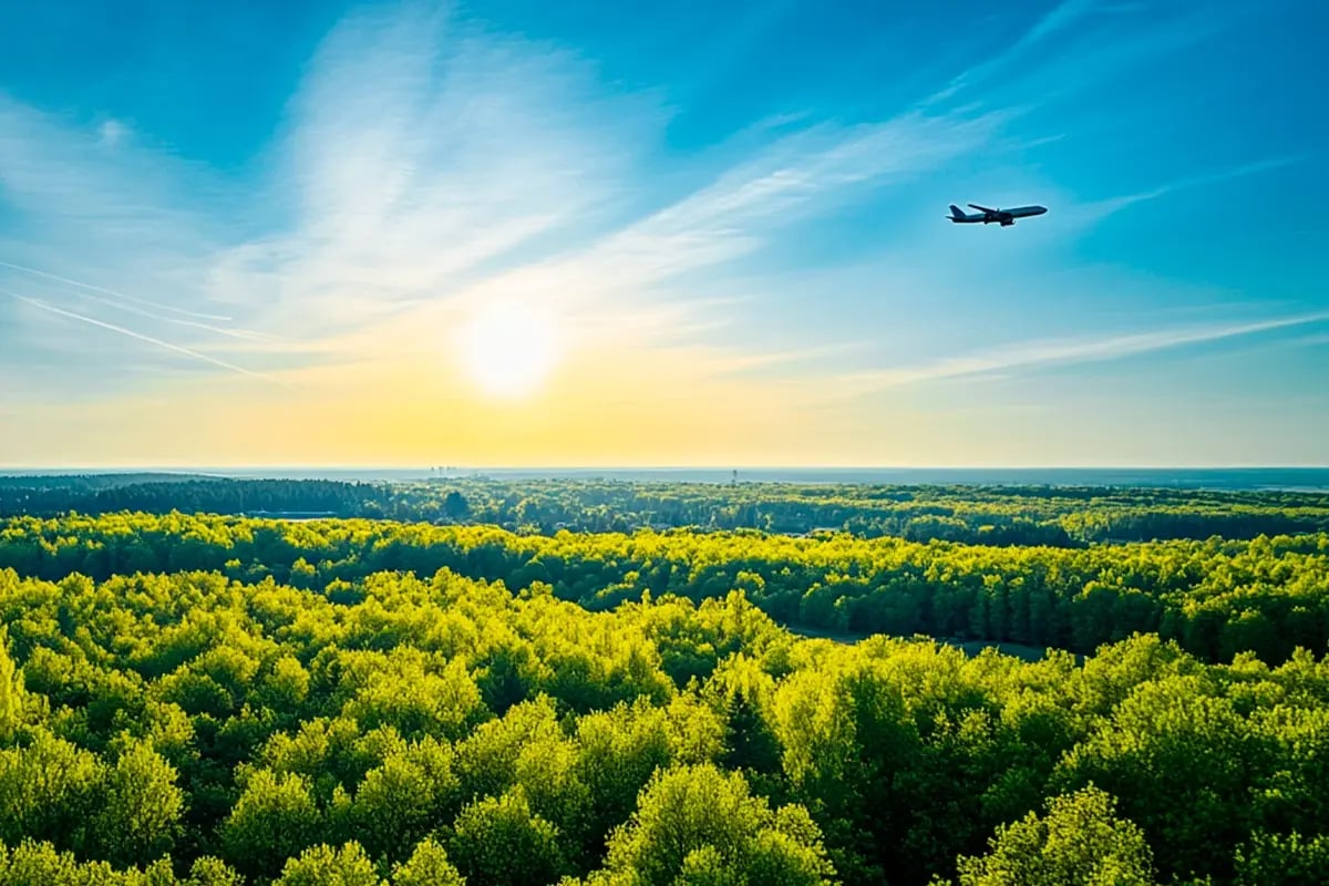Corsia Could Drive Demand for 150M Carbon Credits, ICAO Reports_An endless expanse of green forest with an airplane gliding across the blue sky_visual 1