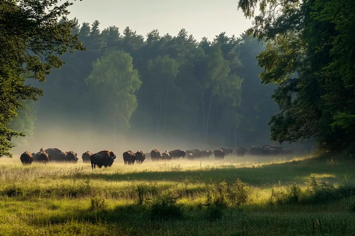 EU leads sustainable finance with record-breaking green bonds_A herd of the European bison, Europe’s largest land mammal, Białowieża Forest_visual 1 CU