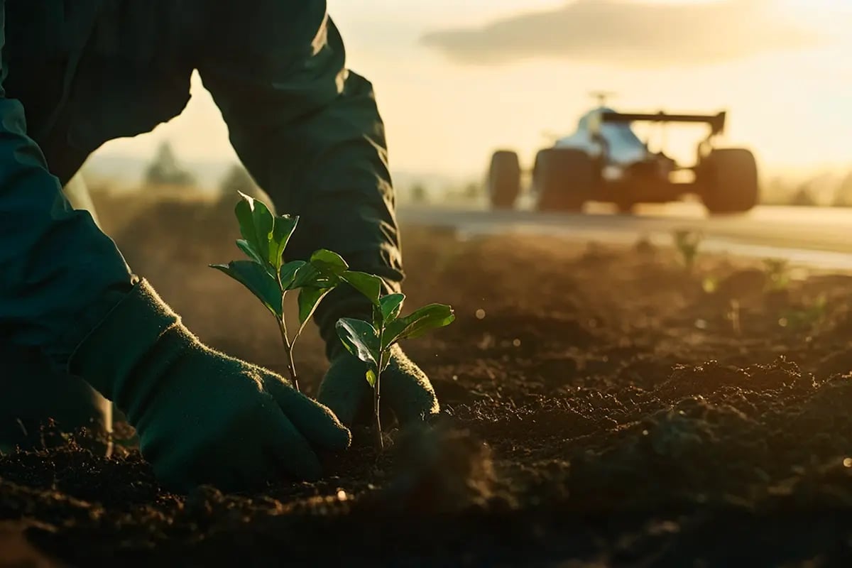 F1 Team Opts For Nature-Based Carbon Removal Units to Drive Sustainability Goals_A forest worker planting a tree seedling, with an F1 track and a speeding car visible in the background_visual 1