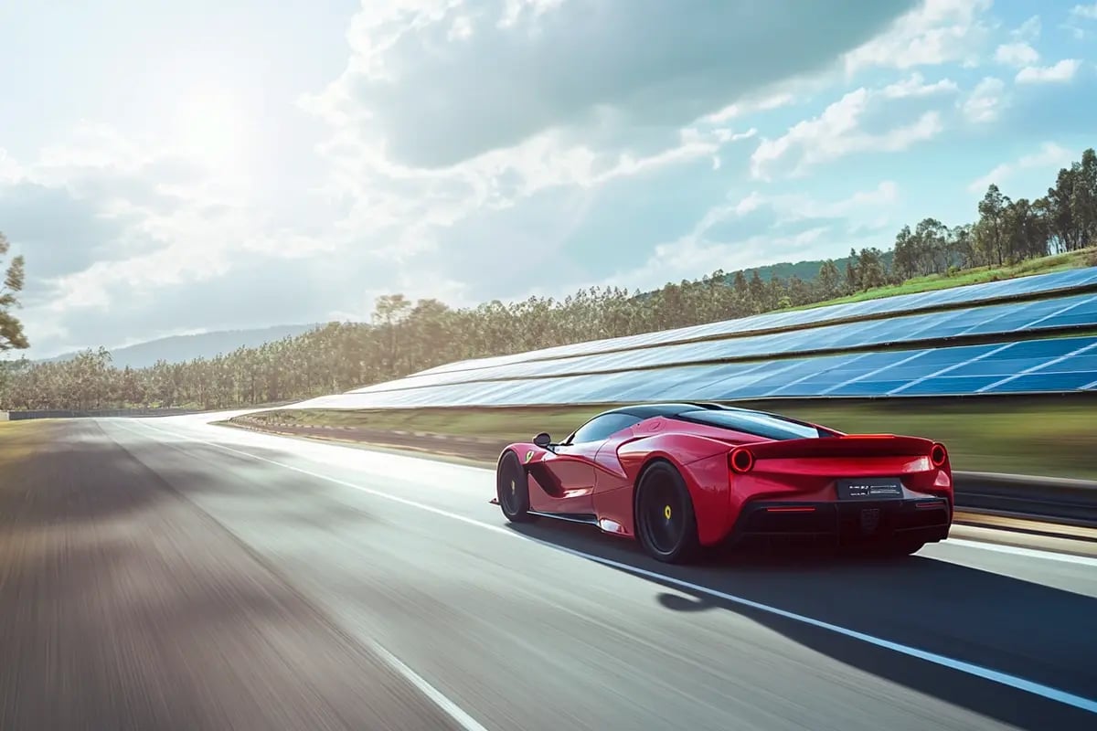 Ferraris 2024 Surge Revenue Soars as Electric Supercar Takes Shape_An electric Ferrari cruising through a wooded road, with solar panels visible in the distance_visual 1