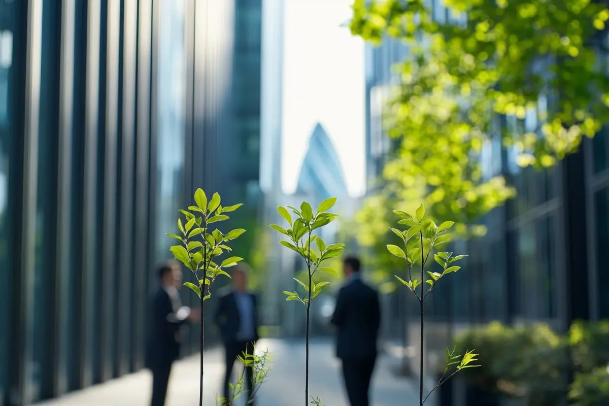 Global Coalition Launches to Standardise Carbon Credit Markets_Three young trees in the foreground with businessmen from Singapore, the UK, and Kenya standing nearby, framed by a modern urban skyline_visual 1
