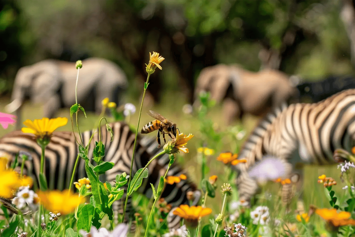 How Businesses Use Carbon Units, Addressing Carbon Footprints with Real Strategies_Close up of a bee in a meadow in Africa, with wild animals visible in the background_visual 4