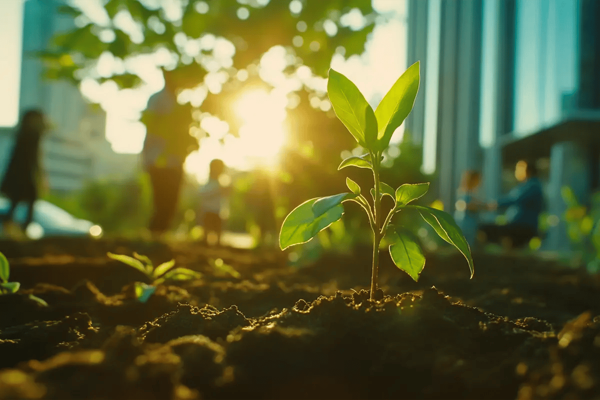 How Businesses Use Carbon Units, Addressing Carbon Footprints with Real Strategies_Close up of a newly planted tree seedling in front of office buildings, with employees visible in the background_visual 1