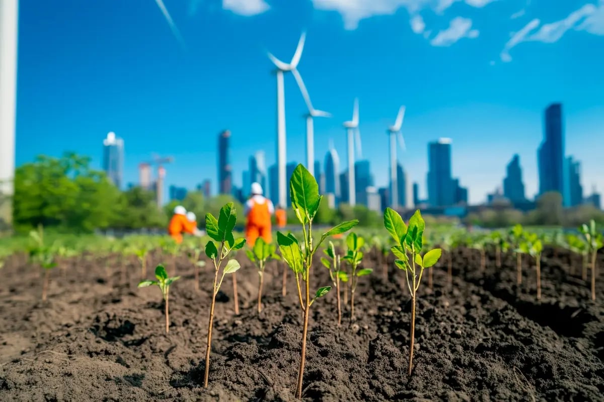How Businesses Use Carbon Units, Addressing Carbon Footprints with Real Strategies_View of tree seedlings and nursery employees, with the city skyline and wind turbines in the background_visual 3