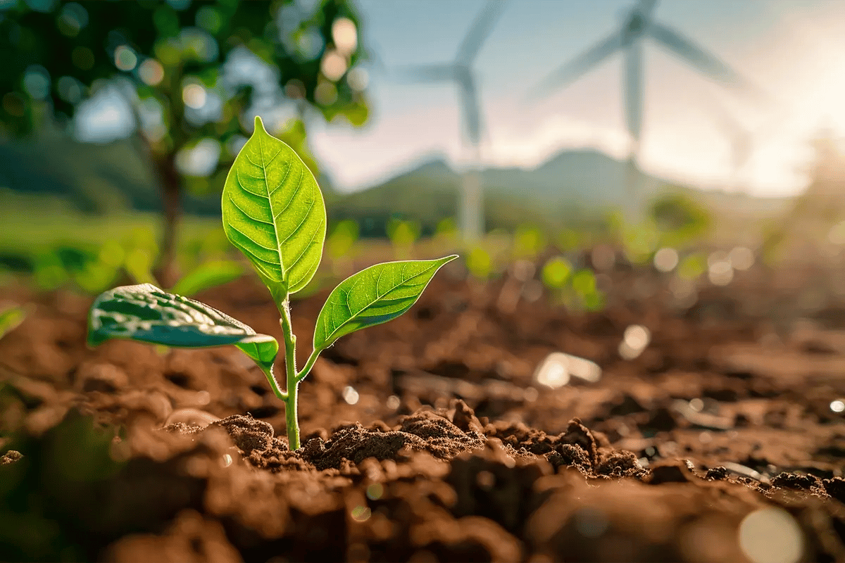 How Does the Carbon Market Function_Close-up of a young tree seedling with wind turbines in the background_visual 2