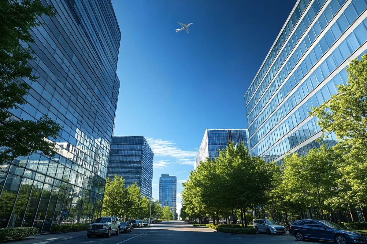How to Reduce Your Carbon Footprint_ Practical Tips for SMEs_A vibrant city street lined with office buildings of various companies_visual 1