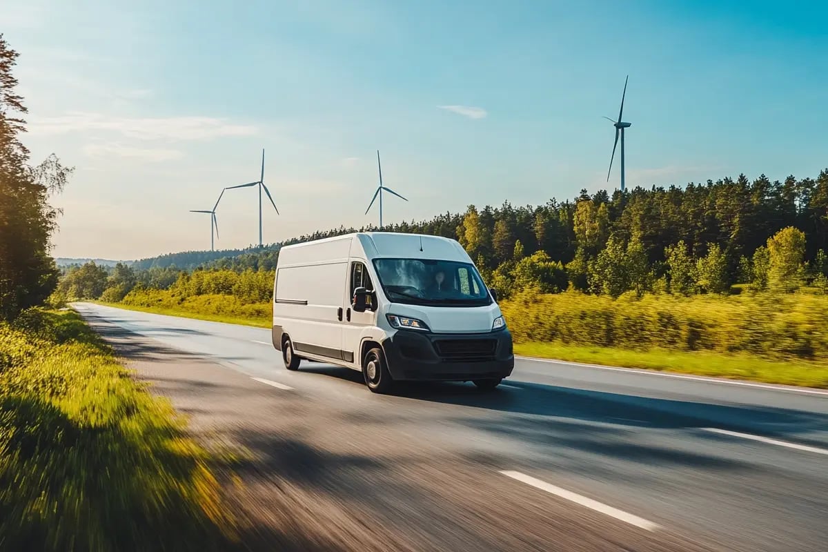 How to Reduce Your Carbon Footprint_ Practical Tips for SMEs_An electric delivery vehicle driving along a road with wind turbines generating power in the background_visual 5