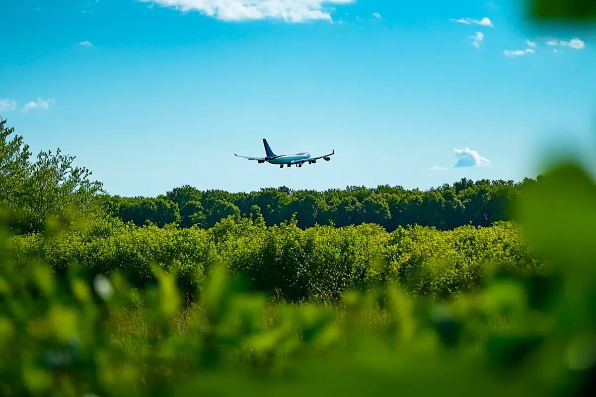 ICAO Tightens Carbon Offset Criteria for CORSIA_View of an airplane taking off, seen through the foliage_visual 1