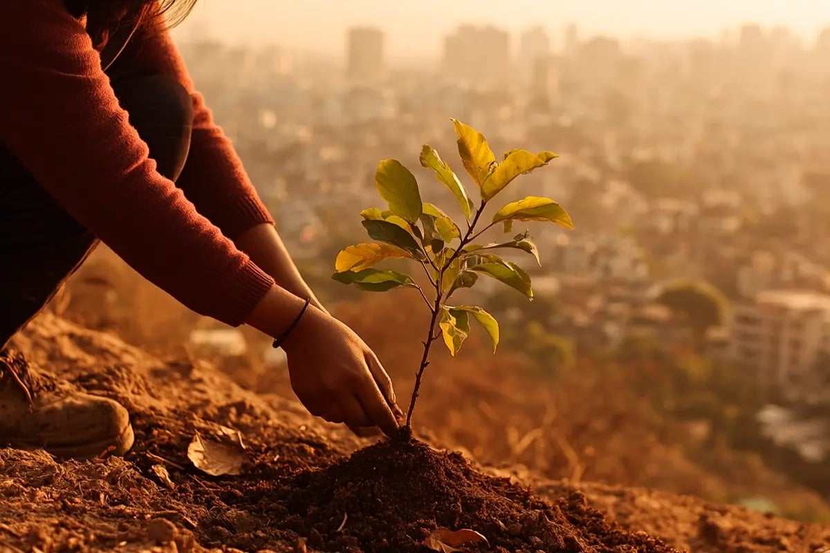 India to Roll Out Carbon Trading System by 2026_A conservation worker places a young tree on a hillside in India, with New Delhi’s skyline in the distance_visual 1