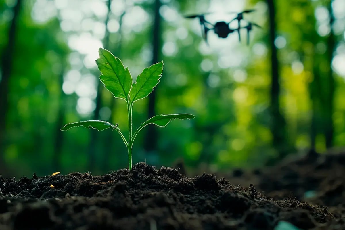 Innovative Soil Technology Paves the Way for Carbon Sequestration Breakthrough_A young plant growing from the soil, with a drone flying over a forest in the background_visual 1