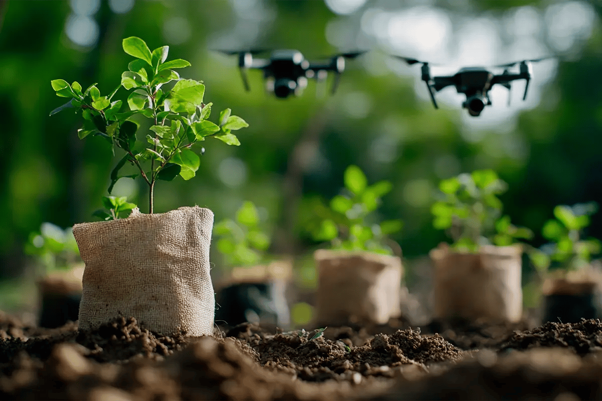 Isometric Partners with Leading dMRV Providers to Accelerate Carbon Certification_A deciduous tree seedling in the foreground, with several other seedlings in the background and drones hovering above_visual 1