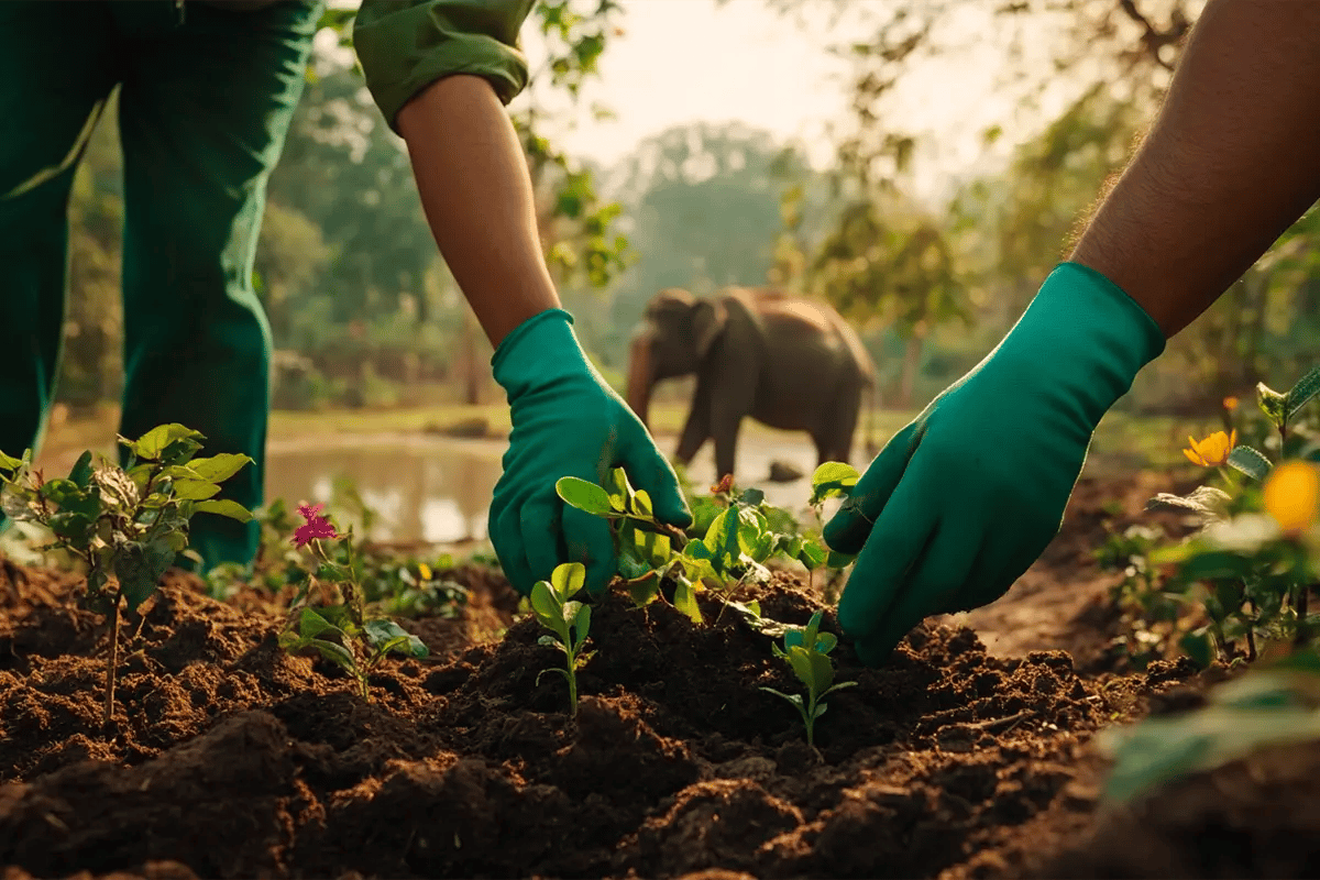 Japan’s $70 Billion Commitment to Net Zero_An Indian forest workers planting trees, with a vibrant forest and an elephant wading through a lake in the background_visual 1