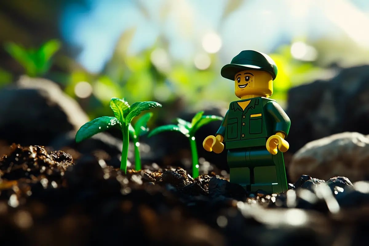 Lego strengthens sustainability push with $2 6m carbon removal investment_A close-up of a small LEGO forester figurine among young tree seedlings in a woodland setting_visual 1