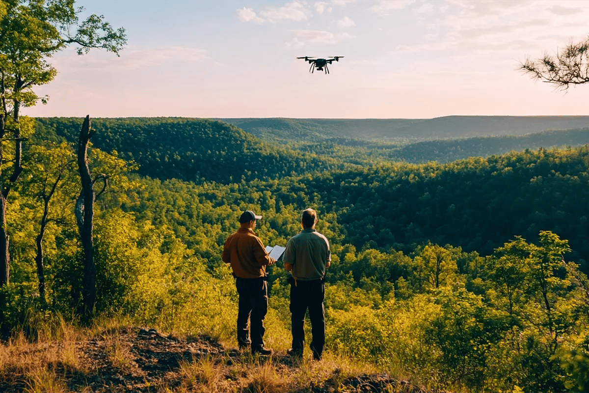 Major Corporations PushA Support For Stricter Carbon Credit Standards_Two inspectors checking the condition of the forest_visual 1