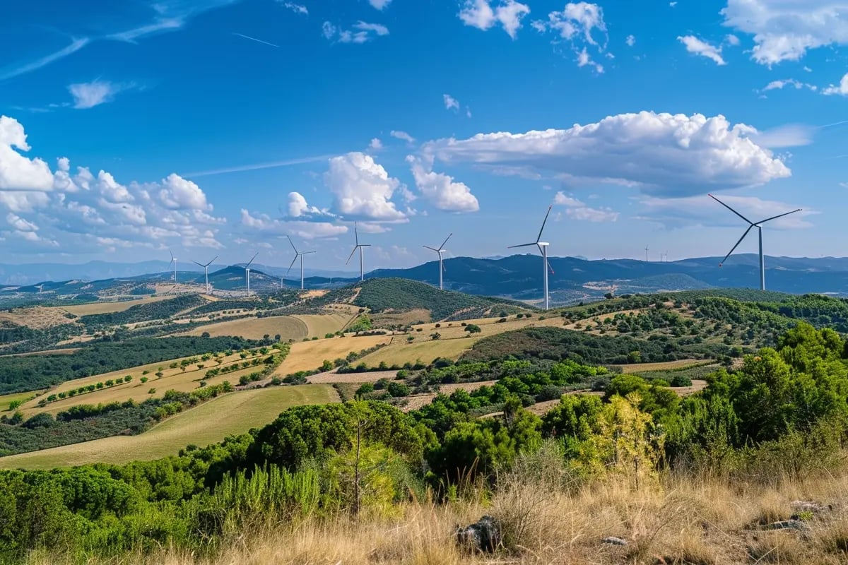 Mandatory Carbon Reporting in 2026, Spain’s Big Step Toward Net Zero_Expansive Spanish hills with forests and wind turbines producing renewable energy_visual 1