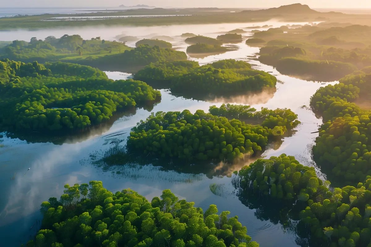 Mangrove Milestone_ 10 Million Trees Planted in Mozambique’s Coastal Revival_Wide aerial shot of vibrant mangroves in Mozambique, thriving in restored coastal wetlands at sunrise_visual 1