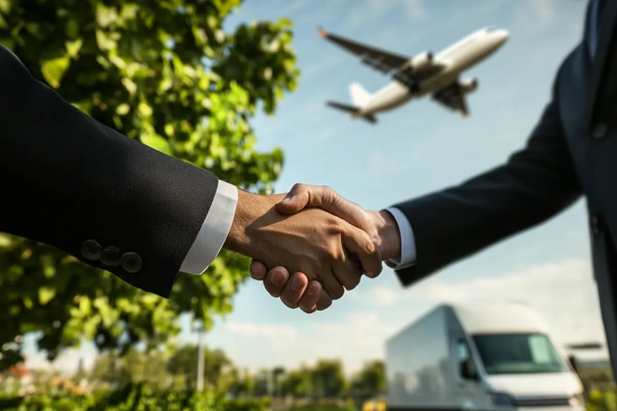 Meta Launches 2025 Call for Emissions-Reduction Partnerships_Two businessmen shaking hands, with a cargo plane overhead, Meta buildings in the background, and a delivery van nearby_visual 1