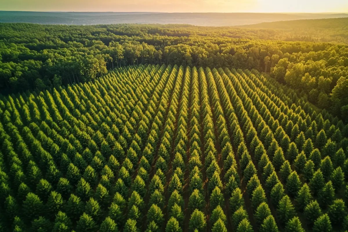Microsoft Doubles Down on Forest Carbon Credits With New 10-Year Deal_Aerial image of a forest restoration site in New York, with lines of young trees stretching across the land_visual 1