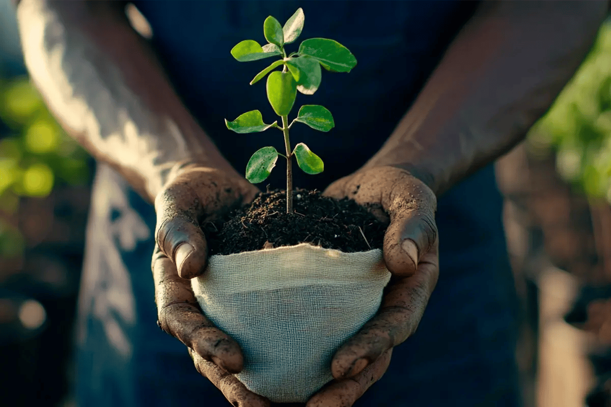 Nature-based Solutions Leveraging Ecosystems for Carbon Mitigation and Beyond_Close-up of a tree nursery worker holding a tree seedling_visual 8