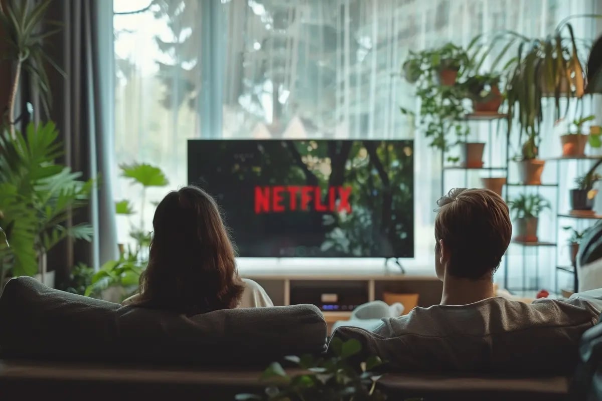 Netflix Signs 15-Year Carbon Credit Deal to Boost US Reforestation_Couple on a sofa watching TV, with a lush leafy forest outside the large window_visual 1