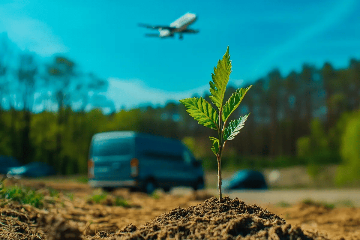New Amazon Service Brings Vetted Carbon Credits to Corporate Buyers_A tree sapling sprouts from the soil, with an Amazon van and courier in the background_visual 1