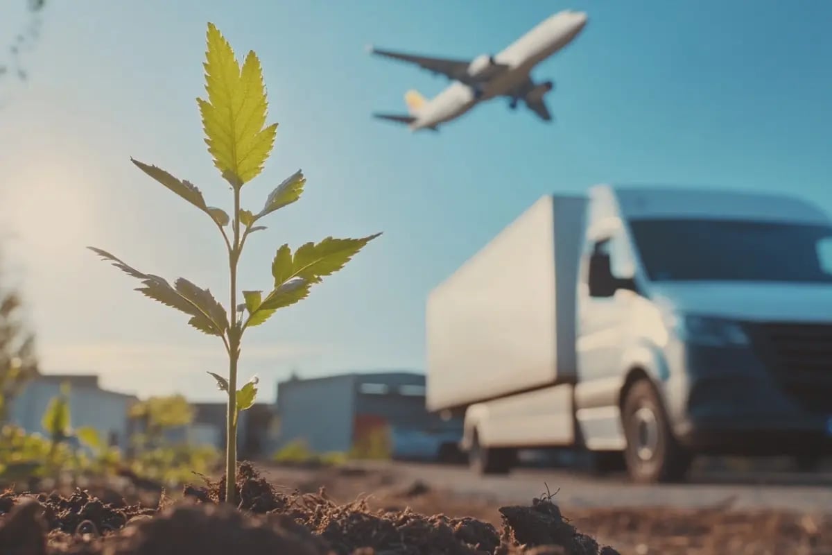 New VCMI Code Offers Blueprint for Closing the Scope 3 Emissions Gap_A small tree sapling in focus, with a logistics scene, courier, van, and airborne cargo plane, blurred in the background_visual 1