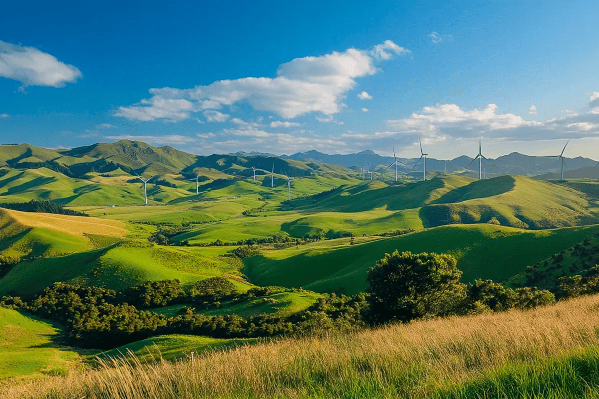 New Zealand takes bold steps to meet environmental goals by 2050_Landscape of a wind farm in New Zealand, reflecting the growth of renewable energy initiatives_visual 1