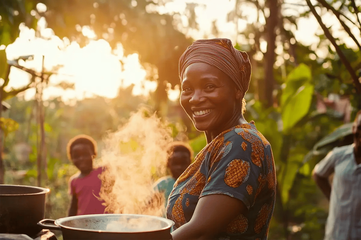 Nigeria’s Push for Carbon Credits Begins with 80M Cookstove Distribution_A Nigerian woman preparing a meal on an energy-efficient cookstove while her joyful family plays in their lush backyard_visual 1