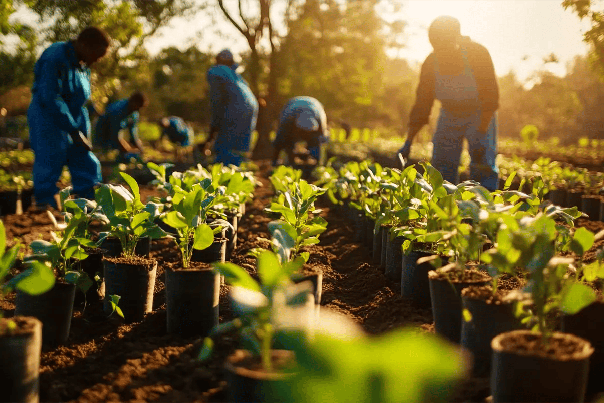 Premium Carbon Credits Gain Traction as Buyers Seek Quality_Workers in an African tree nursery diligently caring for young tree seedlings_visual 1