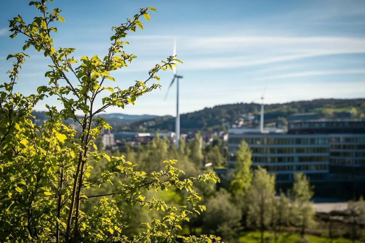 Radisson Launches Europe’s First Verified Net Zero Hotels_The Oslo landscape with young trees, Radisson hotel and remote wind turbines_visual 1