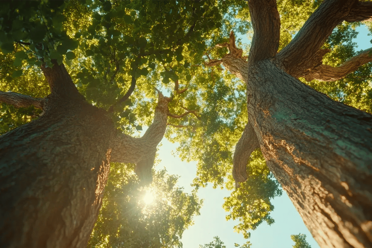 Shell and Microsoft Pioneering Carbon Credit Strategies in 2024_View from below of two tall green trees with lush, leafy tops_visual 1