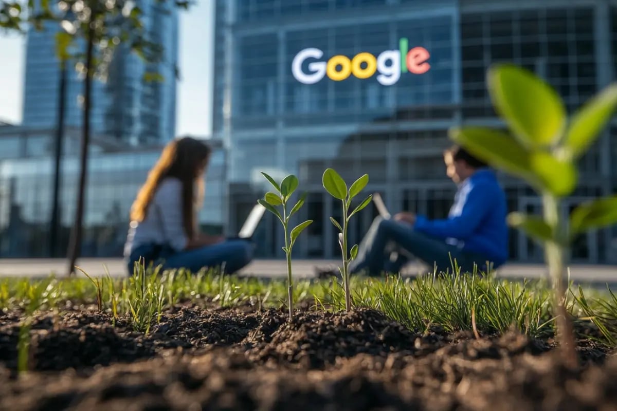 Tech Firms Push ARR Carbon Credit Prices to New Highs_In the foreground, young tree seedlings thrive near Google office buildings_visual 1