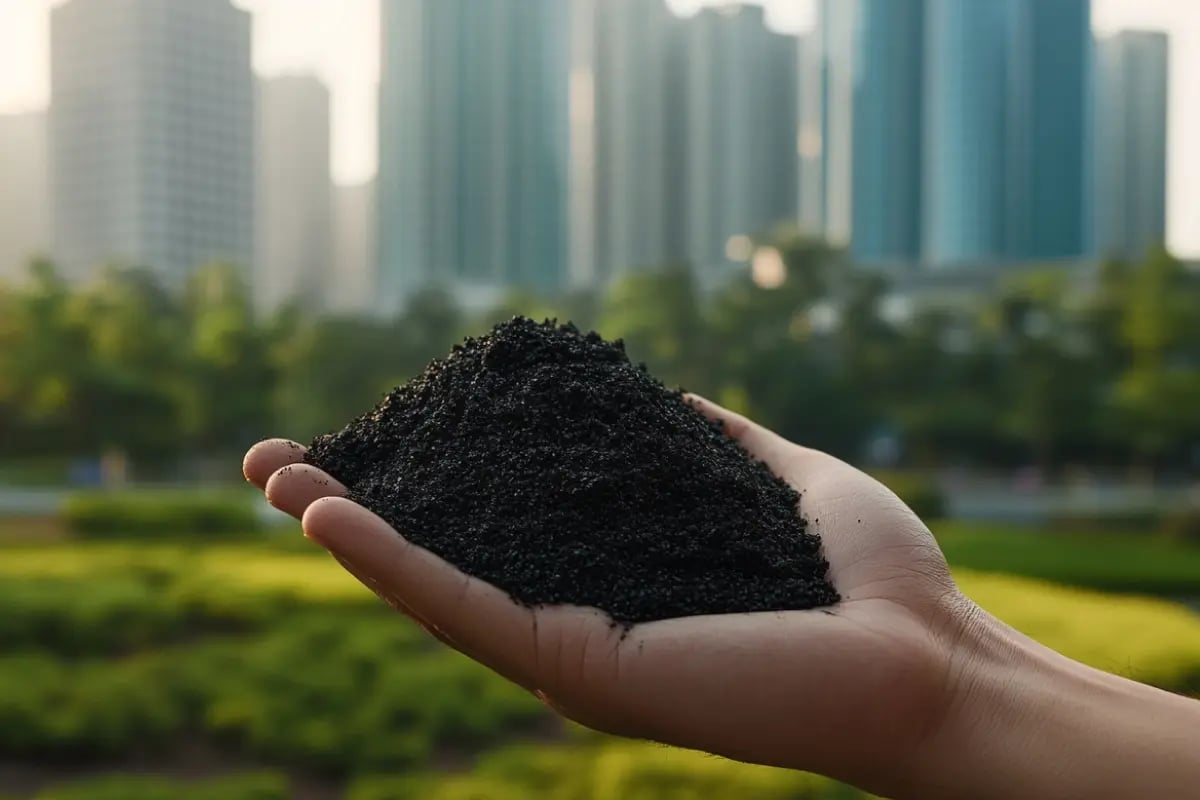 Tech and Finance Fuel Biochar Boom as Carbon Removal Demand Reaches New Highs_Hand holding biochar in focus, with modern office towers and green parkland blurred in the background_visual 1