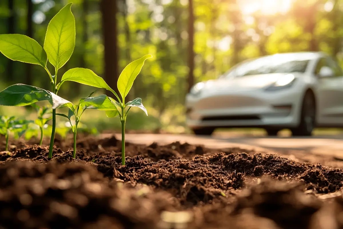 Teslas Carbon Credit Boom Hits $2 76 Billion_Newly planted tree seedlings in the foreground with a Tesla car driving along a forest road in the background_visual 1