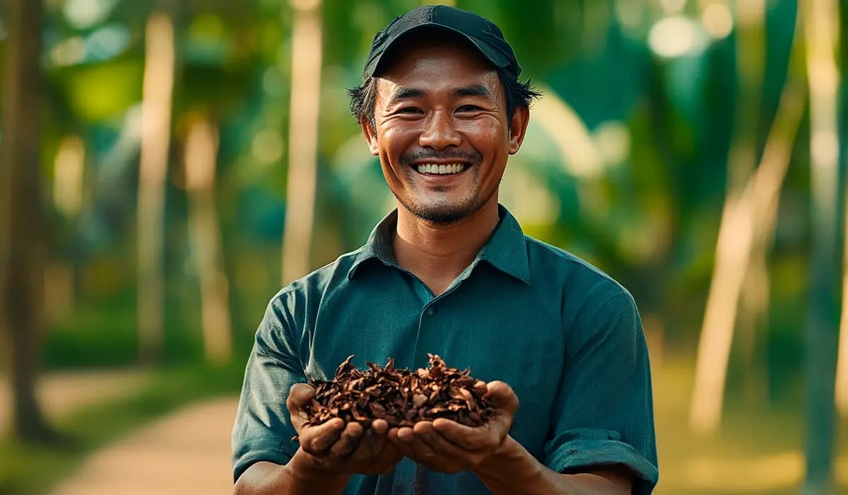 Thailand and Green Carbon Launch Landmark Biochar Project Using Rubber Tree Waste_A Thai man holding a small handful of rubber tree waste, with a rubber tree forest_featured-1