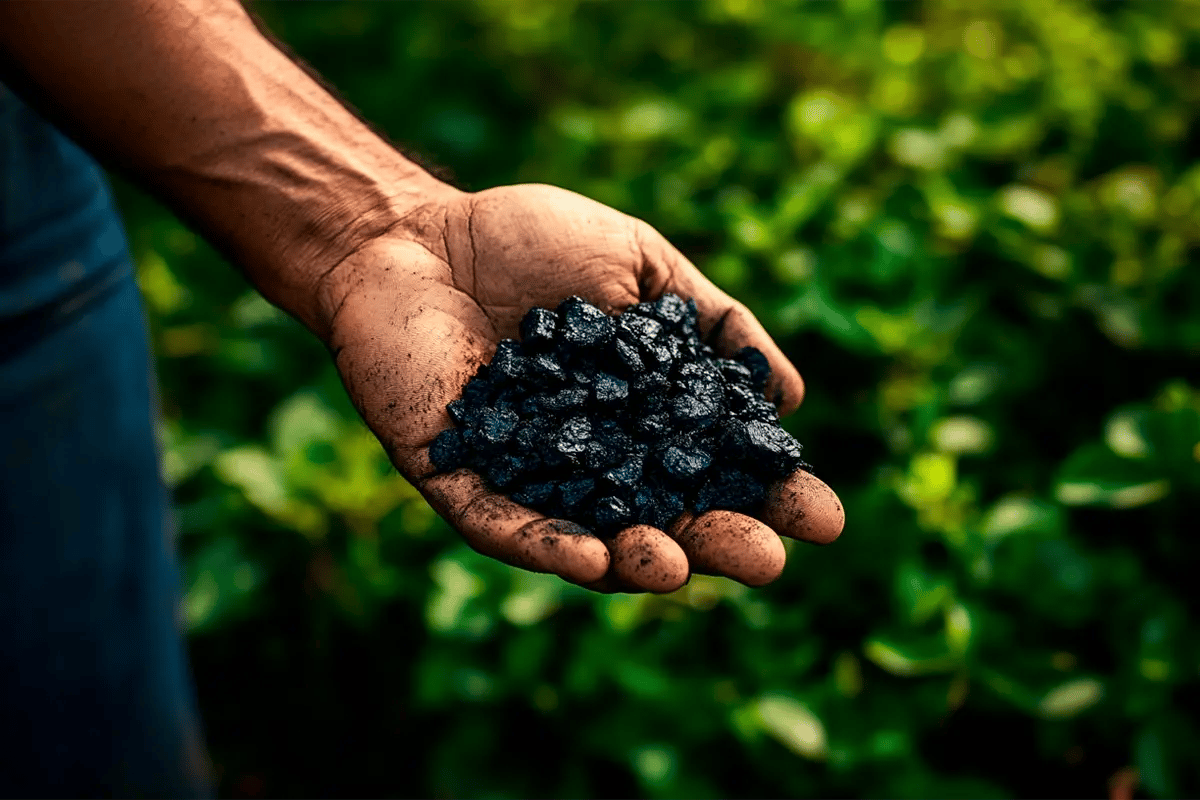 The Growth of the Voluntary Carbon Market_Close-up of an Indian man holding a handful of biochar_visual 4