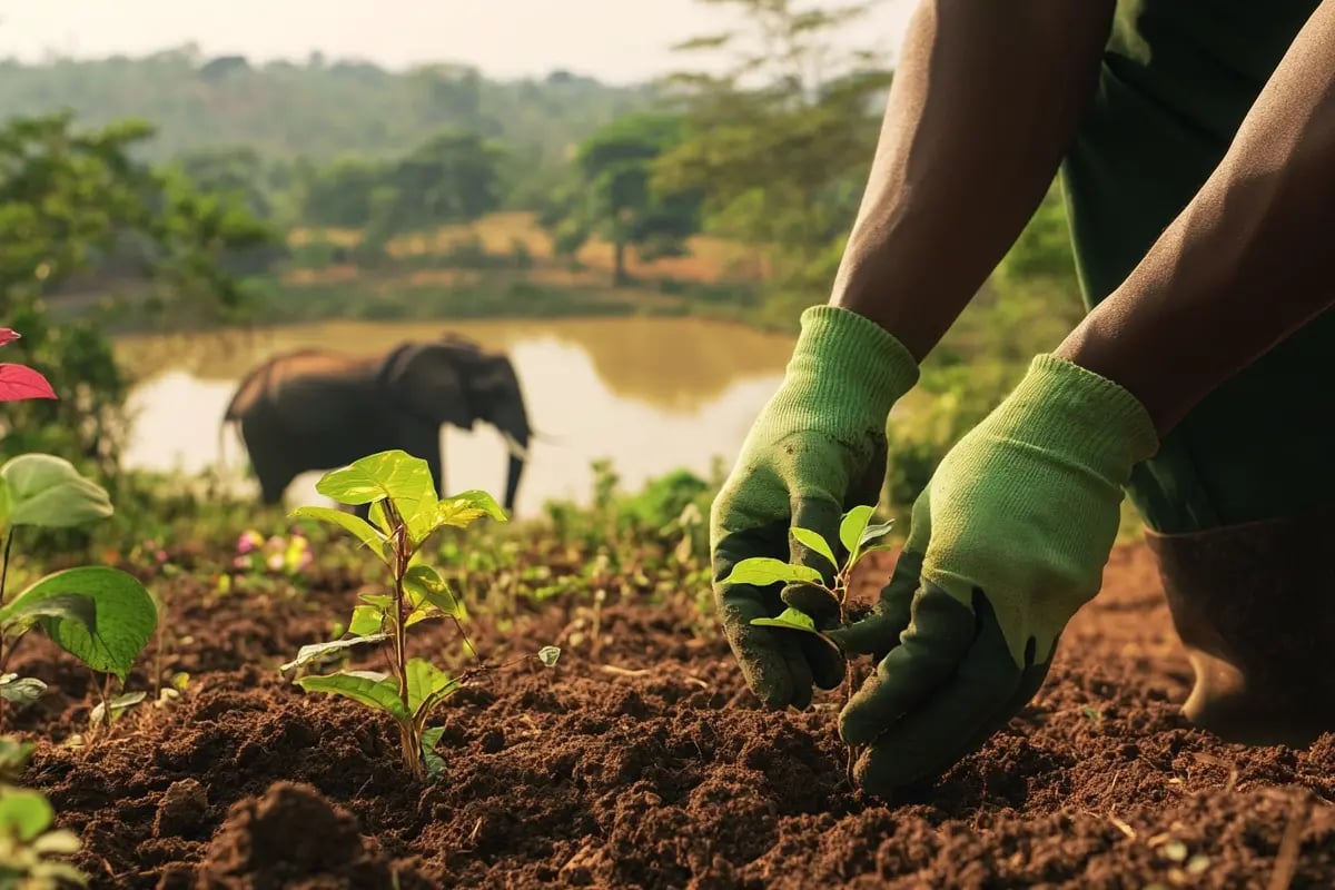 The Rise of Nature-Based Solutions in Carbon Offsetting_Close-up of a local community member planting a tree, with a biodiverse African landscape in the background_visual 4